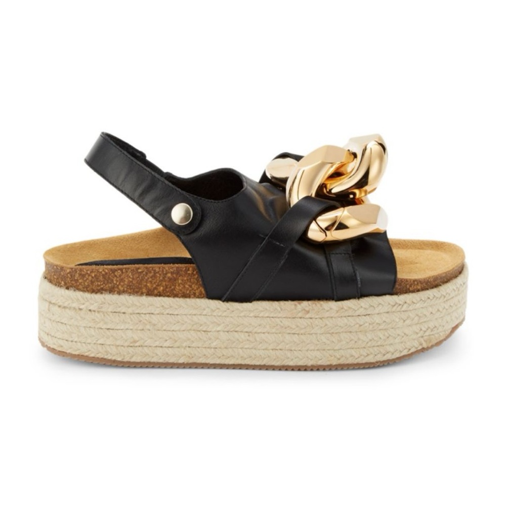 Black Leather Platform Espadrille Sandal with Gold Chain Accent